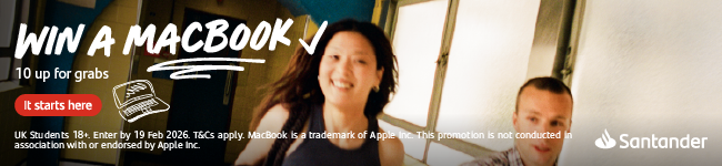 Promotional banner showing two people smiling, with text reading “Win a MacBook” and “10 up for grabs”, a red “It starts here” button, and Santander branding with competition terms along the bottom.