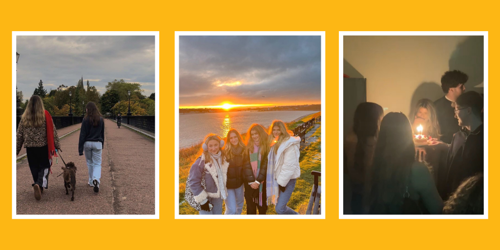 Three images on a yellow background. From left to right, two people walking a dog over Armstrong Bridge, a group of girls at the beach at sunset, and a group of friends presenting a birthday cake with a single candle.