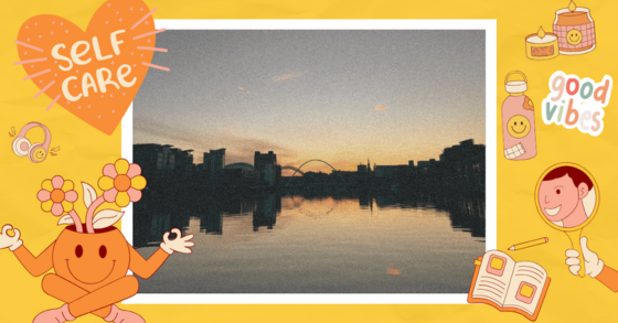 Image of the river Tyne at sunset, with fun illustrations for self care such as plants, candles, water bottles, notebooks 