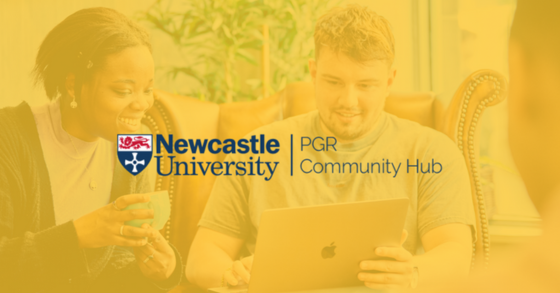 PGR Community Hub, two students looking at laptop with the logo overlaid