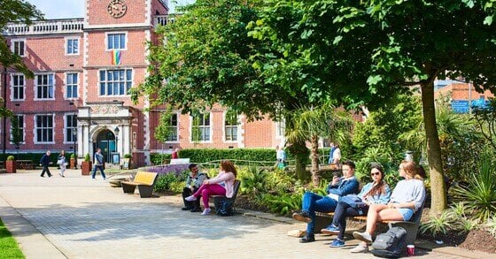 Students' Union building with people on benches