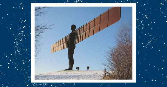 Photo of the Angel of the North in the snow, overlaid on a blue graphic with white noise that is reminiscent of snow