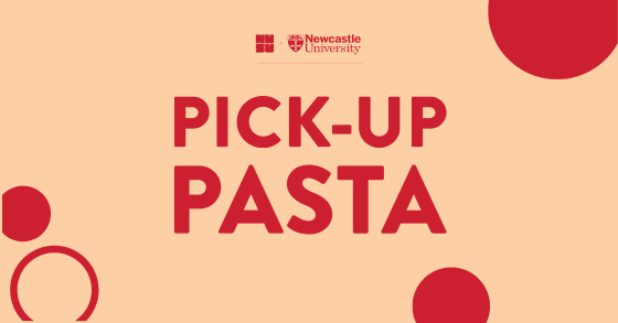 Graphic with the NUSU and University logos, that says 'pick up pasta' 