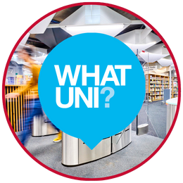 Photo of student leaving the library, overlaid with the What Uni logo - a blue speech bubble with text inside