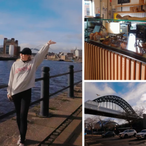 Yumeka posing on the quayside, a cafe counter, and the Tyne bridge