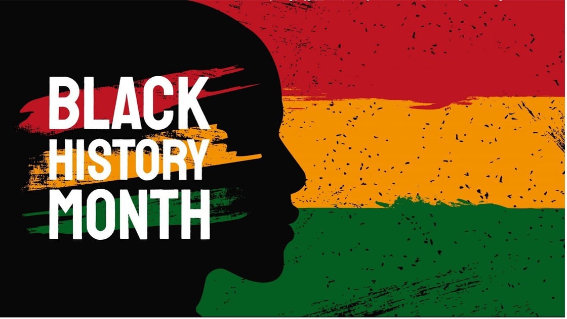 Logo for Black History Month. Silhouette of a person against a Red, Yellow and Green flag.  Black represents resilience, red denotes blood, yellow is optimism and justice, and green symbolises rich greenery. 