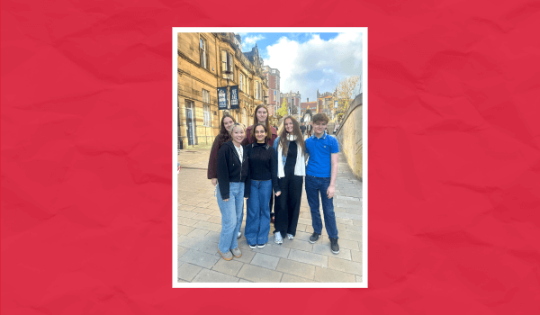 group of student content creators in polaroid style image on red background with paper texture