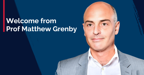 Image of Matthew Grenby on a blue background with the text 'Welcome from Prof Matthew Grenby