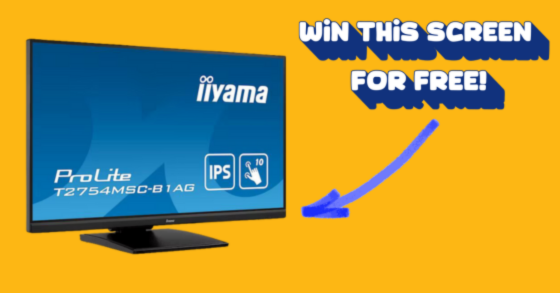 Graphic saying 'win this screen for free' with an image of an iiyama touchscreen monitor