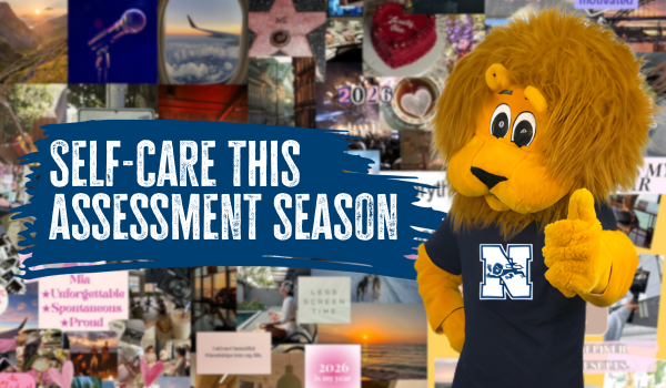 Graphic featuring Newcastle University’s lion mascot, Percy, giving a thumbs-up beside the text “Self-care this assessment season”, set against a collage-style background of student life and wellbeing images